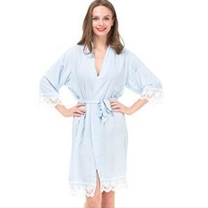 Mr&Mrs Right Womens Cotton Robe For Bride and Bridesmaid With Lace Trim,Lig-Blue